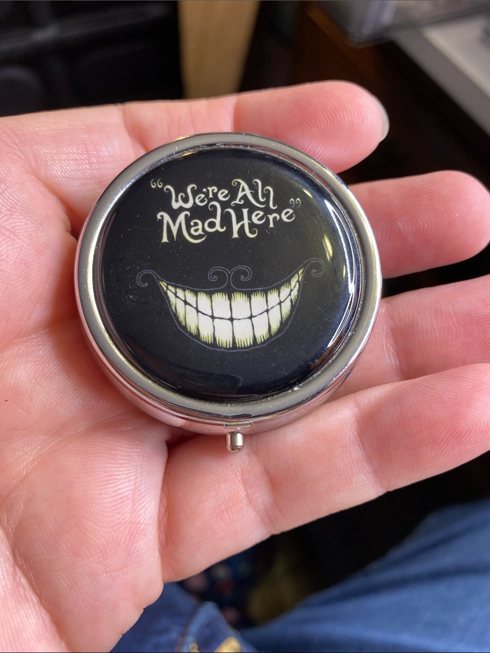 Black "We're All Mad Here" Decorative Pill Box